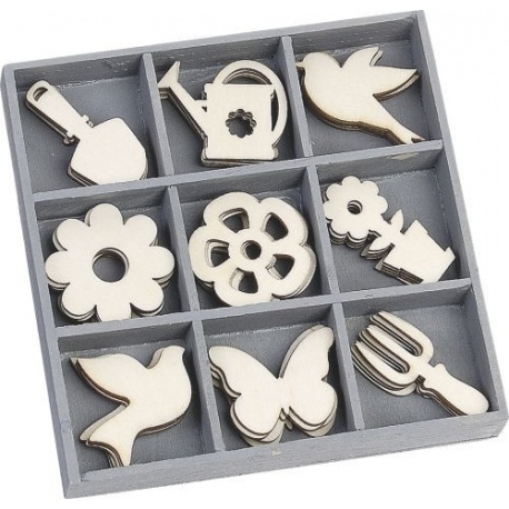 Boite bois Orn. Outils&Fleurs 45pc